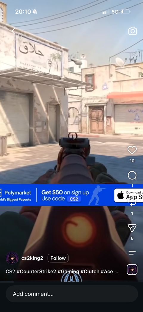 Banner placed inside a Counter-Strike 2 gameplay clip advertising a prediction market signup bonus